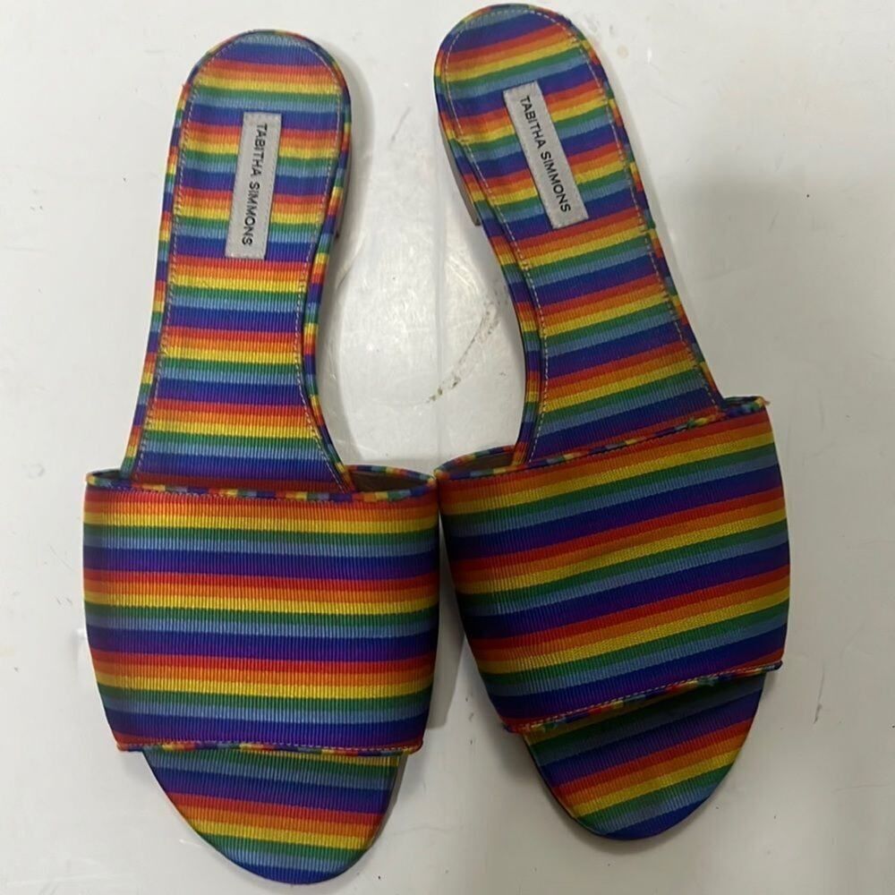 TABITHA SIMMONS CANVAS‎ STRIPE LEATHER TRIM SLIDE SANDALS SIZE 38 1/2